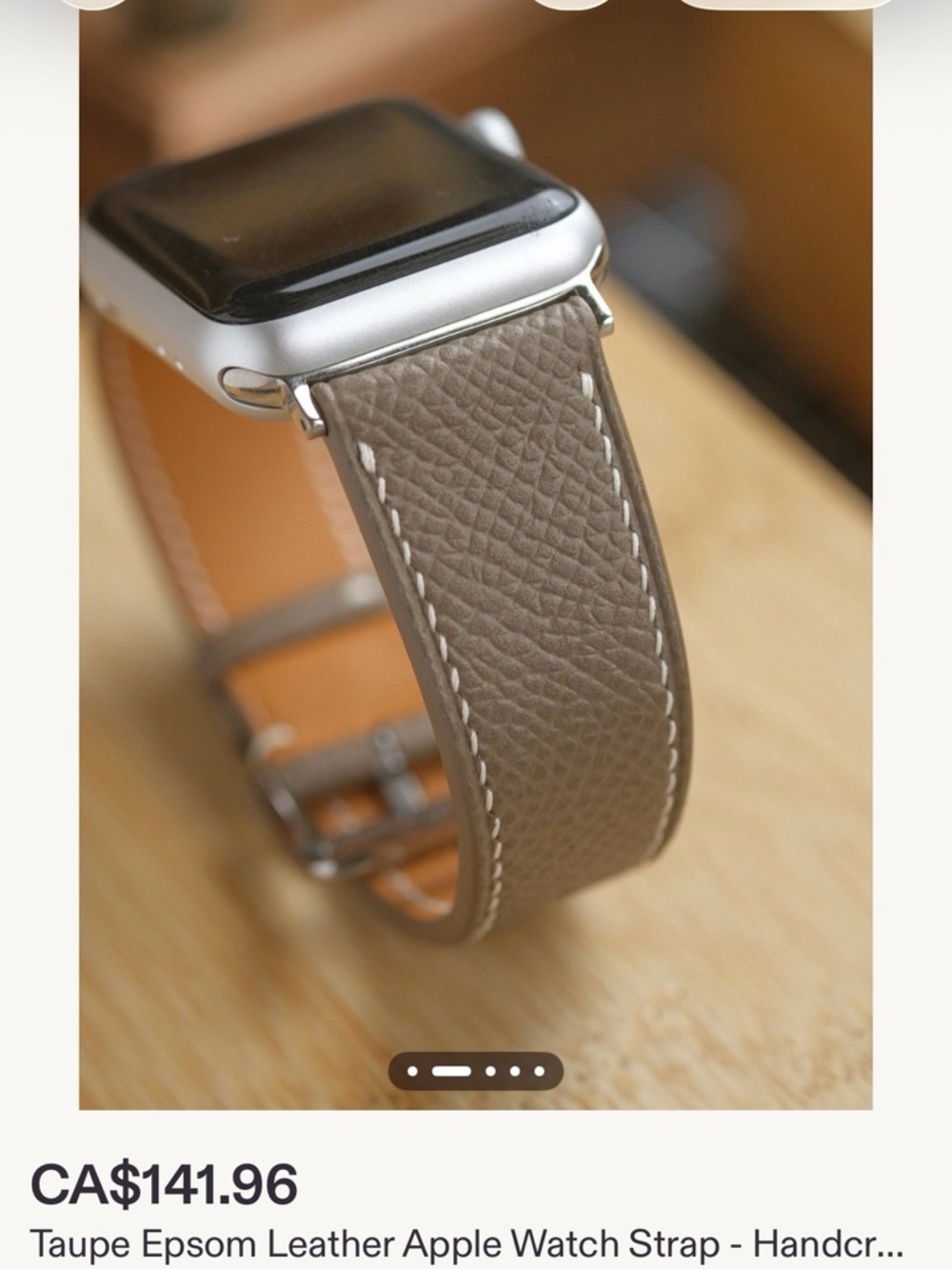 Leather Watch Band - Taupe Epsom Leather with White Stitching
